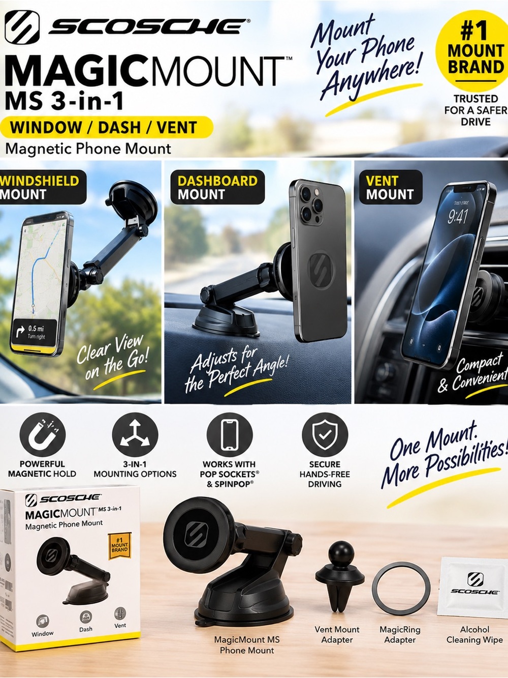 Scosche MagicMount MS 3-in-1 Magnetic Phone Mount - Black